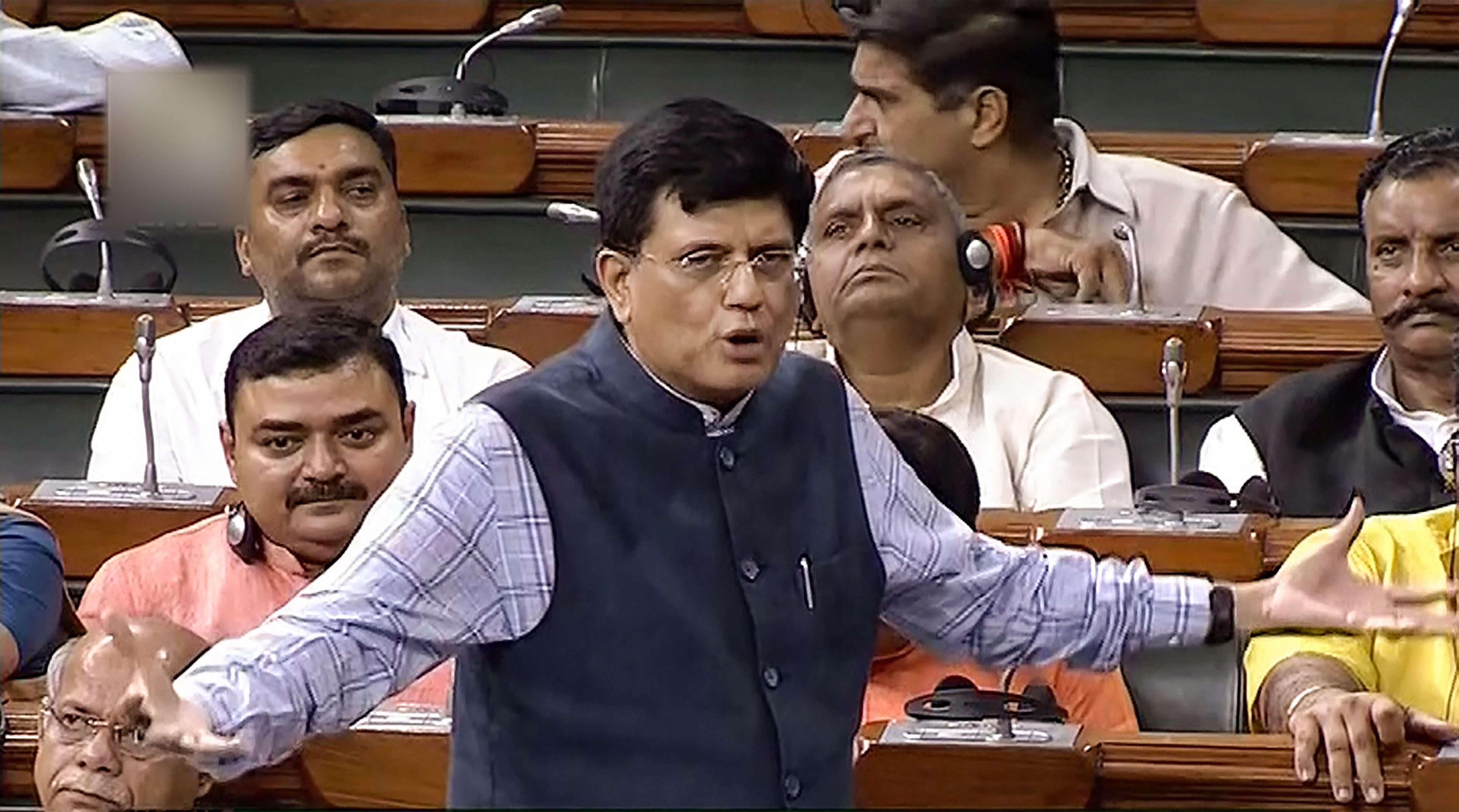 Finance Minister Piyush Goyal speaks in the Lok Sabha during the Monsoon session of Parliament, in New Delhi - PTI