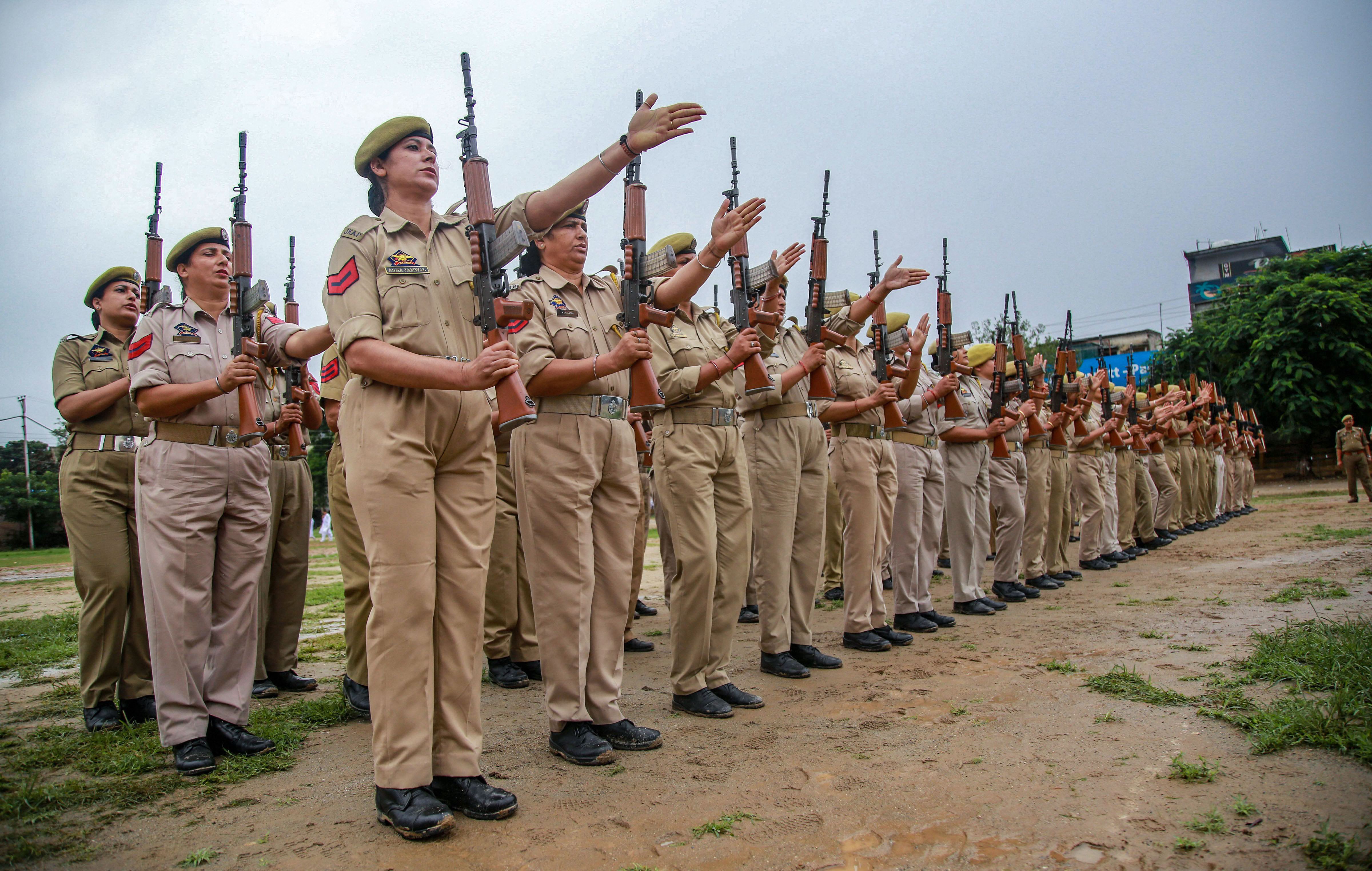 Jammu & Kashmir policewomen rehearse the for the upcoming Independence Day function, in Jammu - PTI