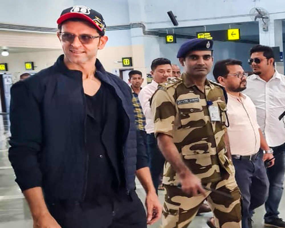 Bollywood actor Hrithik Roshan at Tezpur Air Force Station for the shooting of his movie 'Fighter', in Sonitpur district, Tuesday. (PTI Photo)