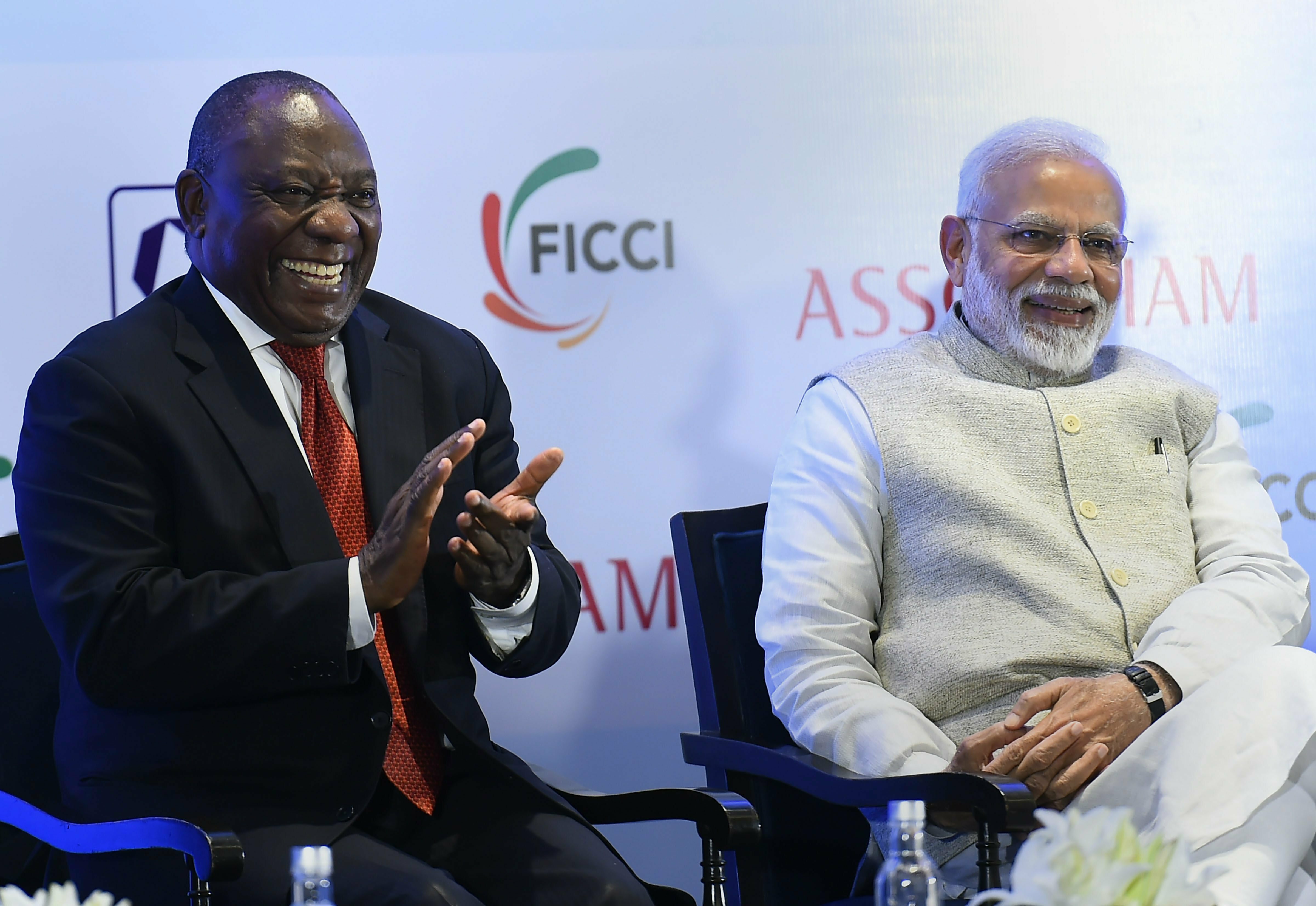 Prime Minister Narendra Modi and South African President Cyril Ramaphosa during an India-South Africa Business Forum meeting in New Delhi - PTI
