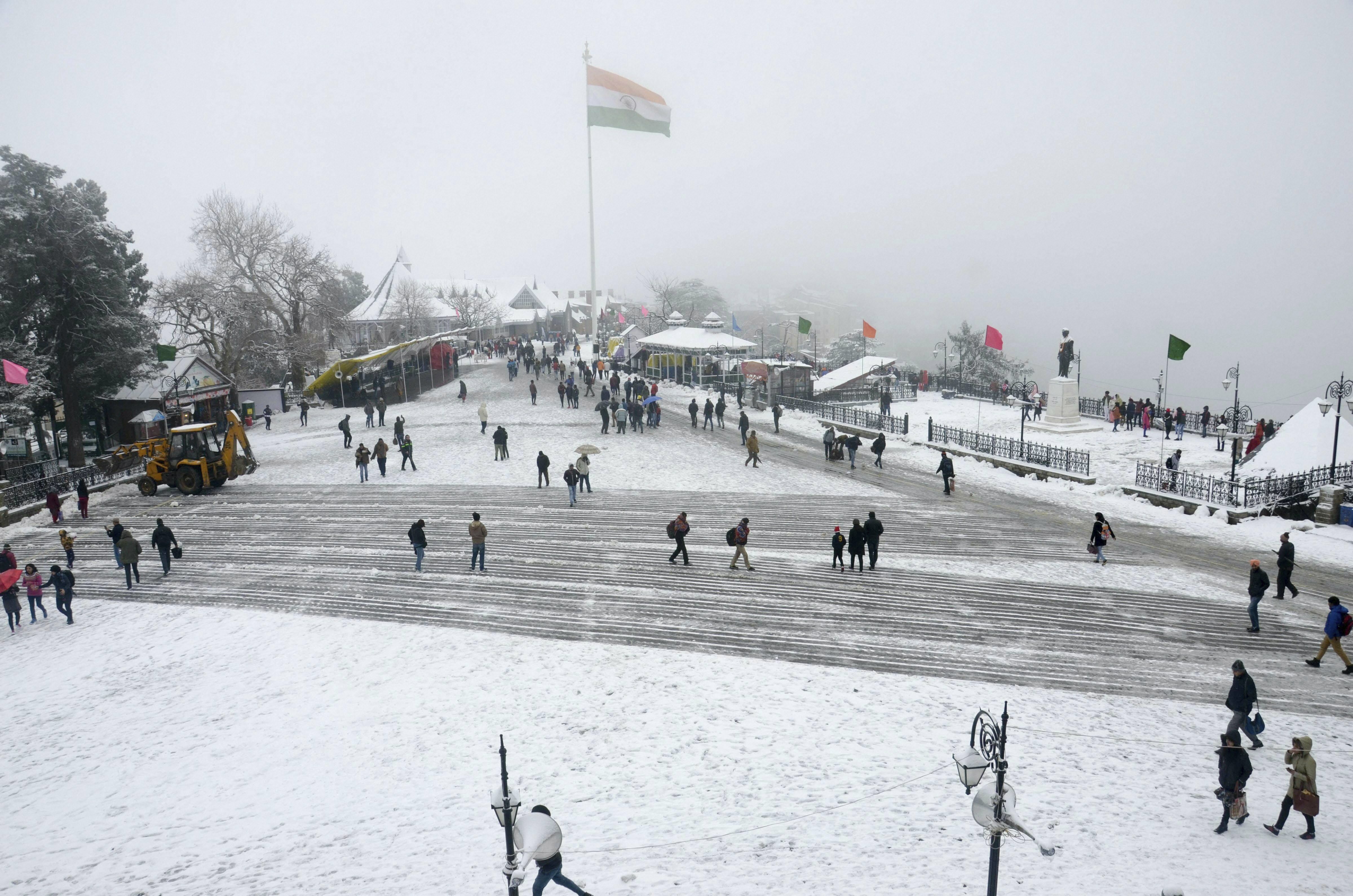 A view of the snow covered historical ridge after fresh snowfall in Shimla