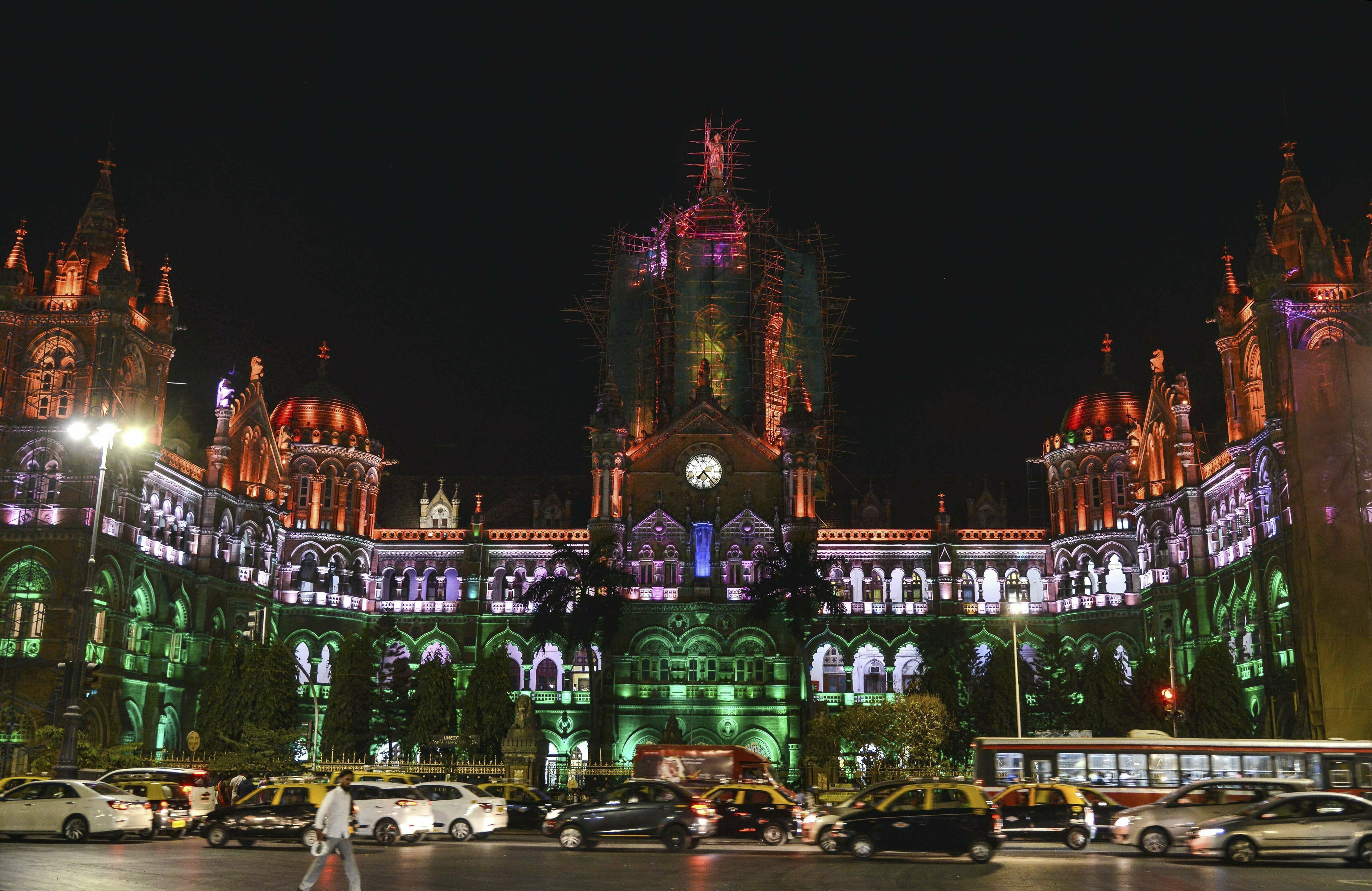 Chhatrapati Shivaji Terminus ( CST) illuminated in tricolour on the eve of Republic Day, in Mumbai - PTI