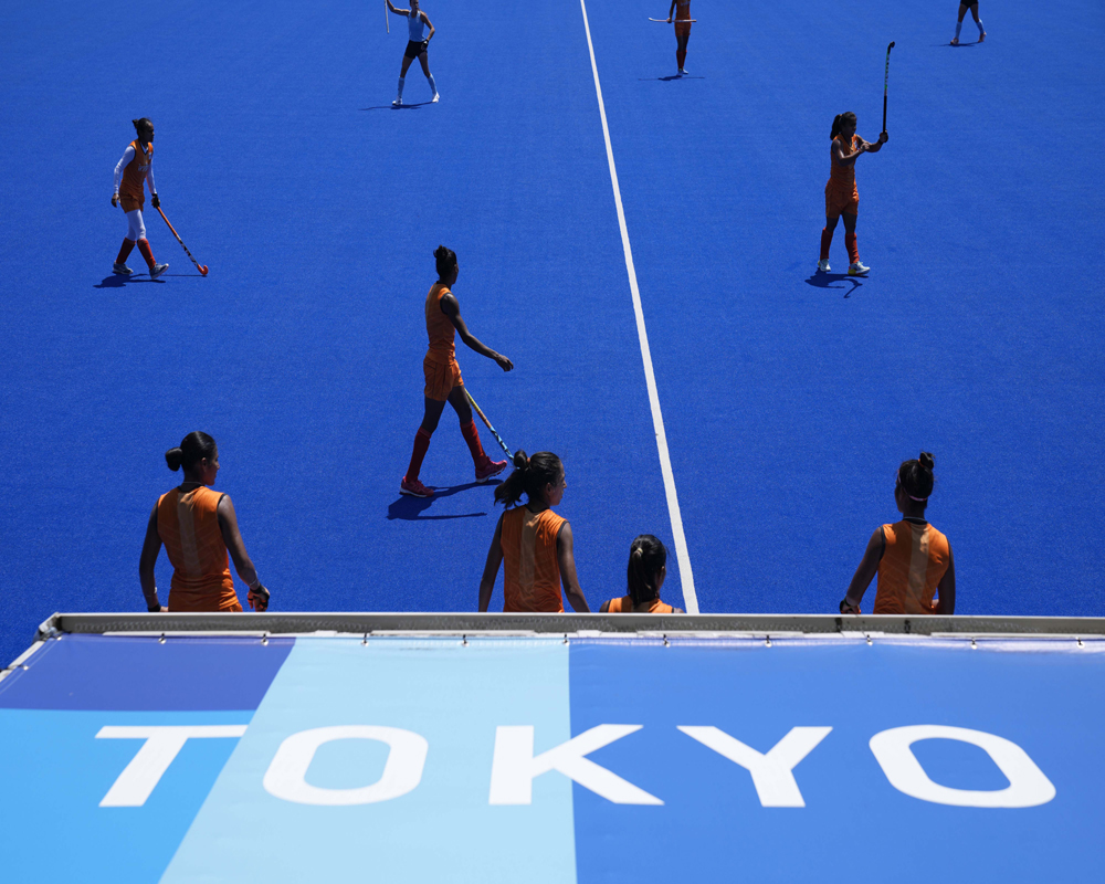 Members of the Argentina and India women's field hockey team scrimmage during a training session at Oi Hockey Stadium ahead of the the 2020 Summer Olympics.