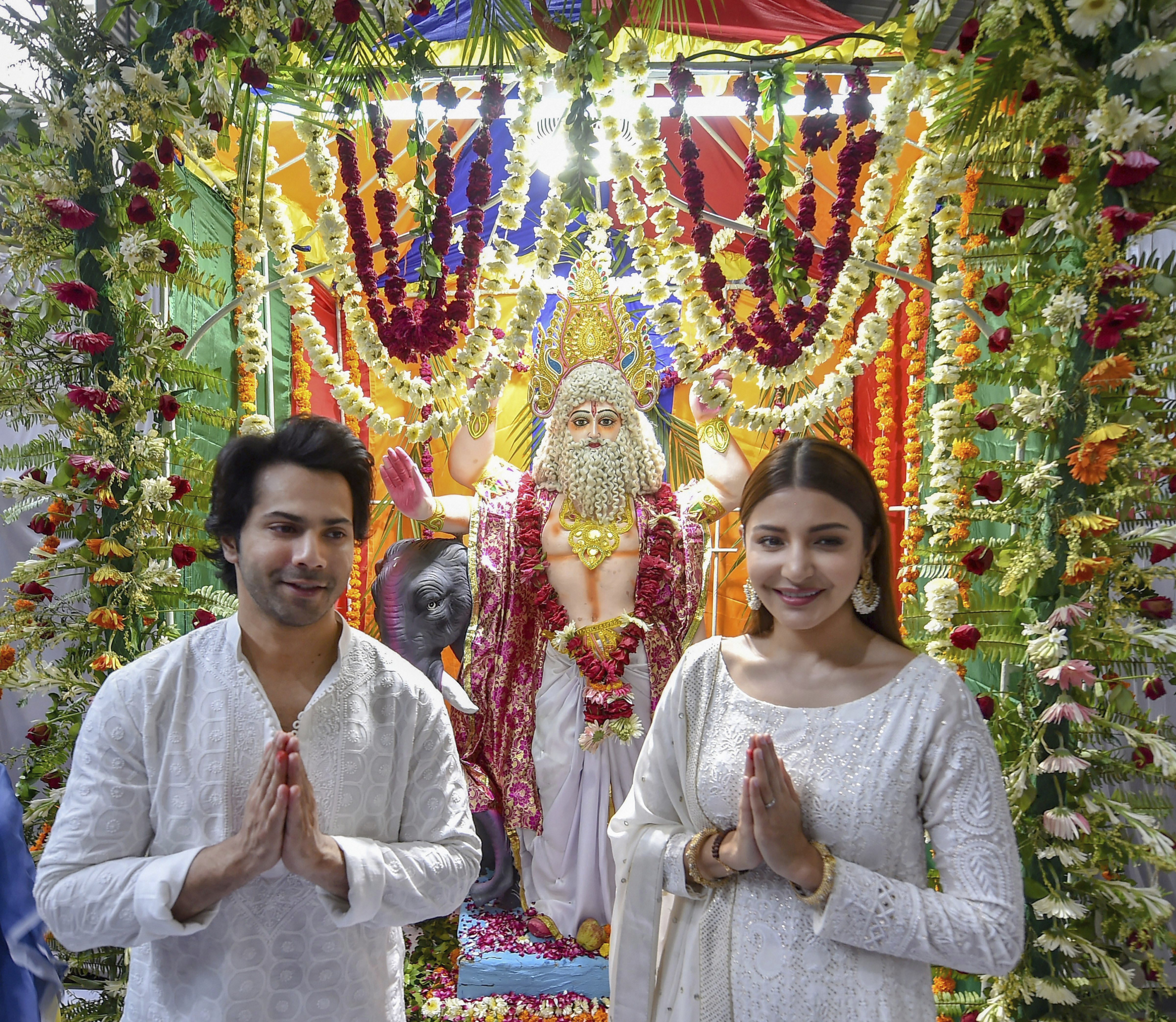 Bollywood actors Varun Dhawan and Anushka Sharma visit PTC industries plant to meet the factory workers during 'Vishkarma Pooja' in Lucknow